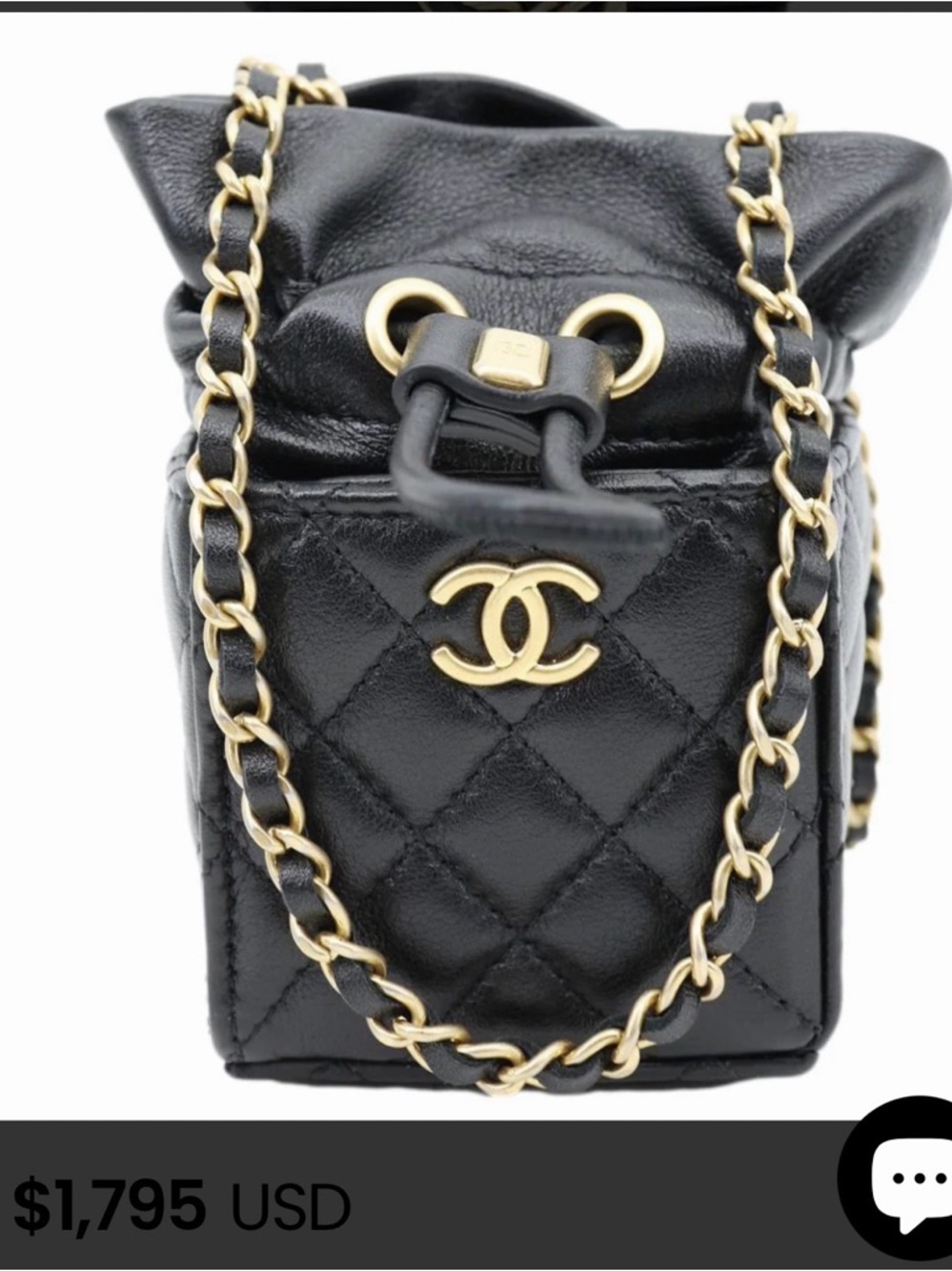 CHANEL Black Quilted Mini Drawstring Bucket Bag with Chain Strap